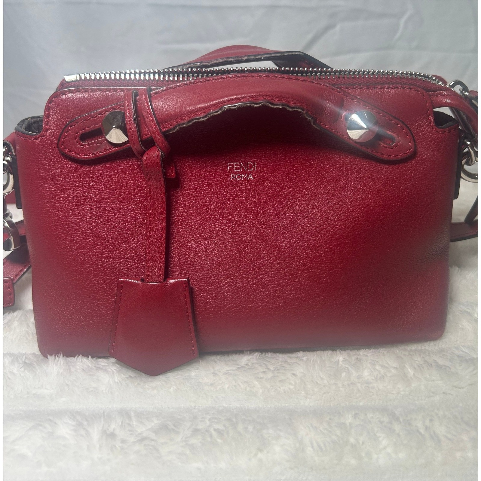 Fendi By The Way Red Mini Boston Bag Burgundy Leather Silver Studs Satchel#829
